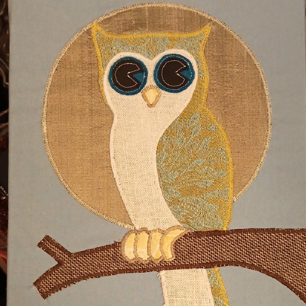 Embroidered Owl Art on Blue Canvas, stretched